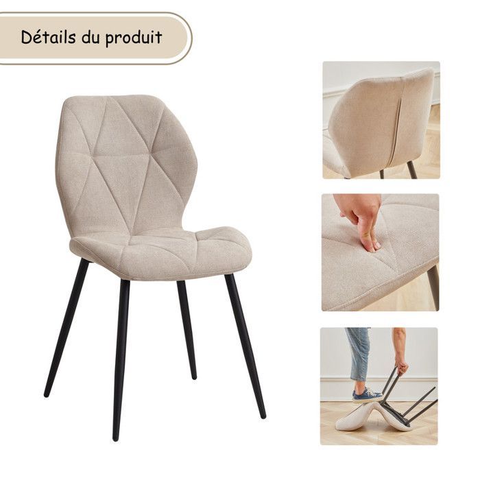 Lot de 4 chaises - DOWISDOLY - Chaise de salle à manger en lin vintage - Beige - Pieds en métal - Ergonomique