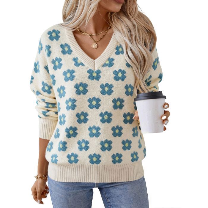 Jersey de mujer – Jacquard floral – Cuello en V – Manga larga – Otoño/Invierno – Talla europea – Color crudo