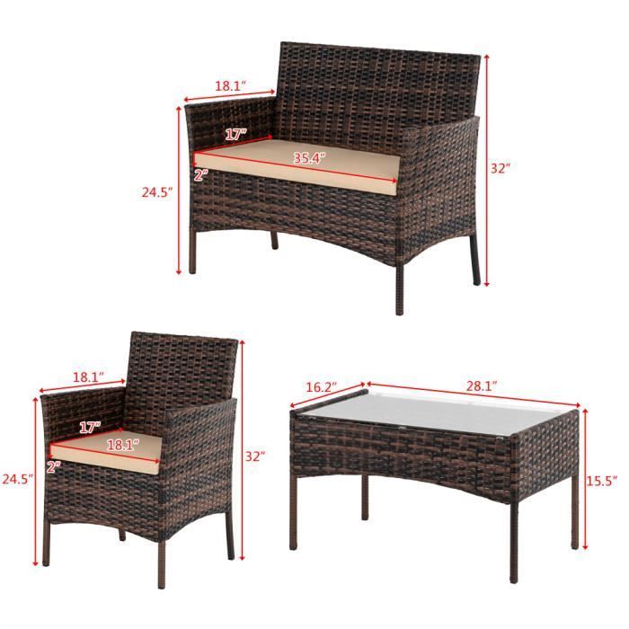 Salon Bas de Jardin en Résine Rotin 4 Places 1 Fauteuil+1 Canapé+1 Table basse - Marron