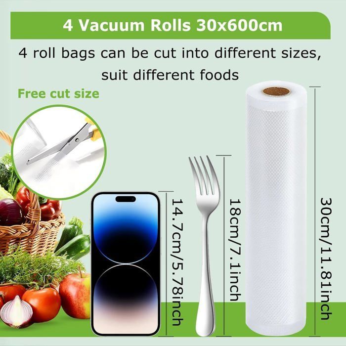 Bolsas para envasar al vacío alimentos, 4 rollos de 30 x 600 cm, película para envasar al vacío alimentos, aprobada por la FDA, LFGB, bolsas para congelación [MA243]