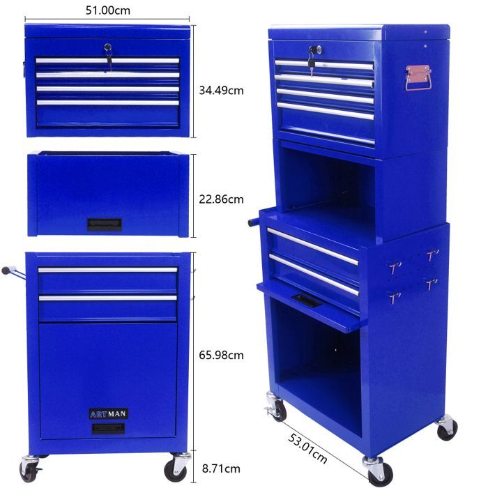Servante d'atelier 2 en 1 -Caisse a outil -Chariot à roulettes -6 Tiroirs verrouillables rangement -Bleu-53 x 33 x 133 cm