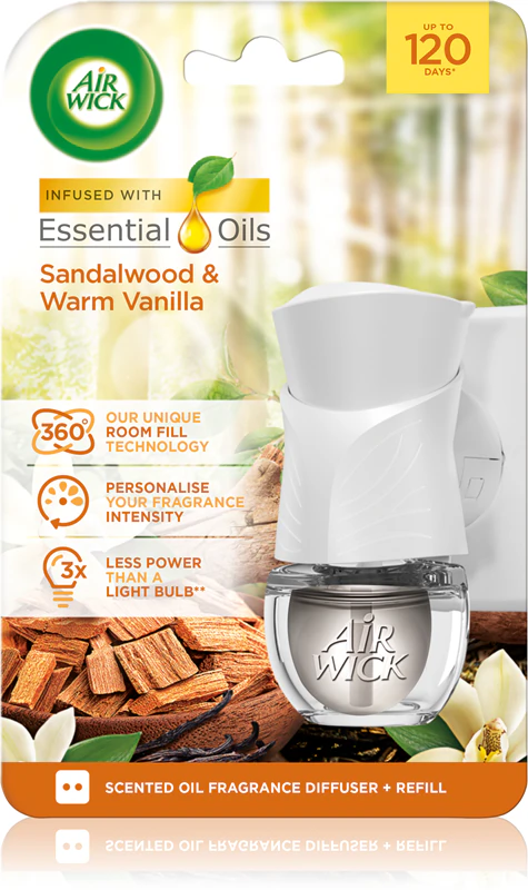 Aromatizador de ambiente elétrico Air Wick com aroma de sândalo e baunilha quente, com refil.
