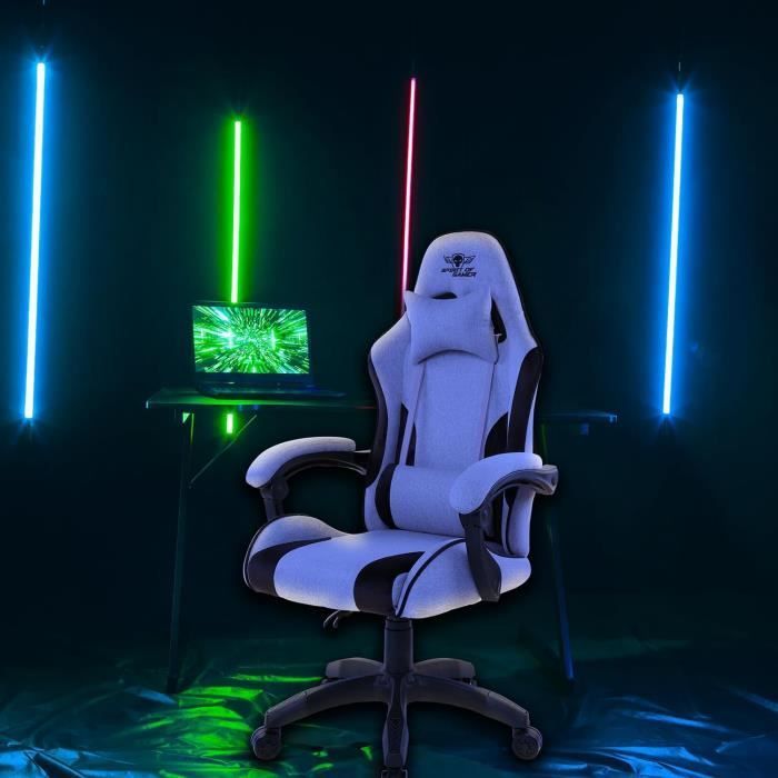 Chaise Gaming - SPIRIT OF GAMER - Arena - Tissu 100% polyester - Blanc et Gris - Capacité 100kg