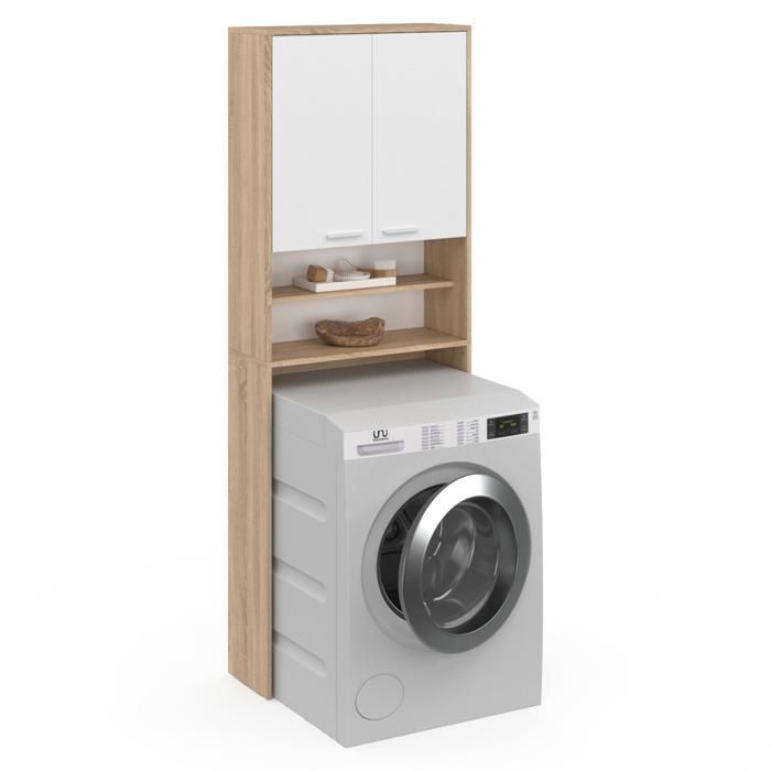 IDMARKET WALLIS, armário de arrumação em branco e faia para colocar acima da máquina de lavar roupa e do vaso sanitário.