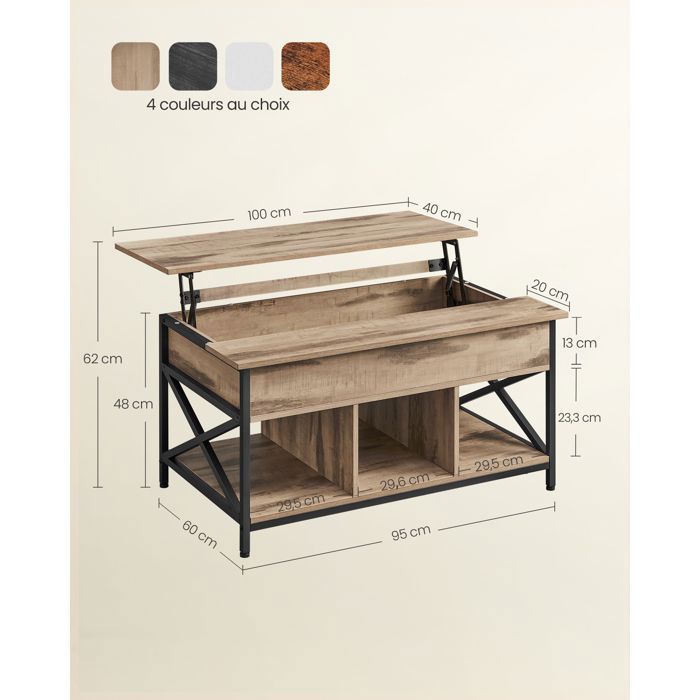 Table Basse Relevable, Rangement Ouvert et Compartiment Caché, Barres en Forme de X, 60 x 100 x (48-62) cm, Marron chêne et Noir