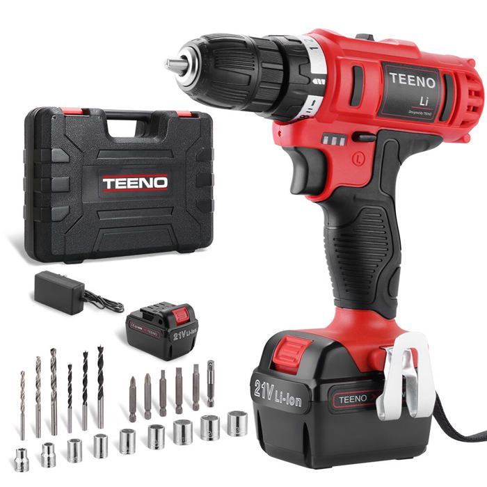 Perceuse visseuse sans fil 21V TEENO® - 1 batterie + chargeur - 2 vitesses - 21 accessoires