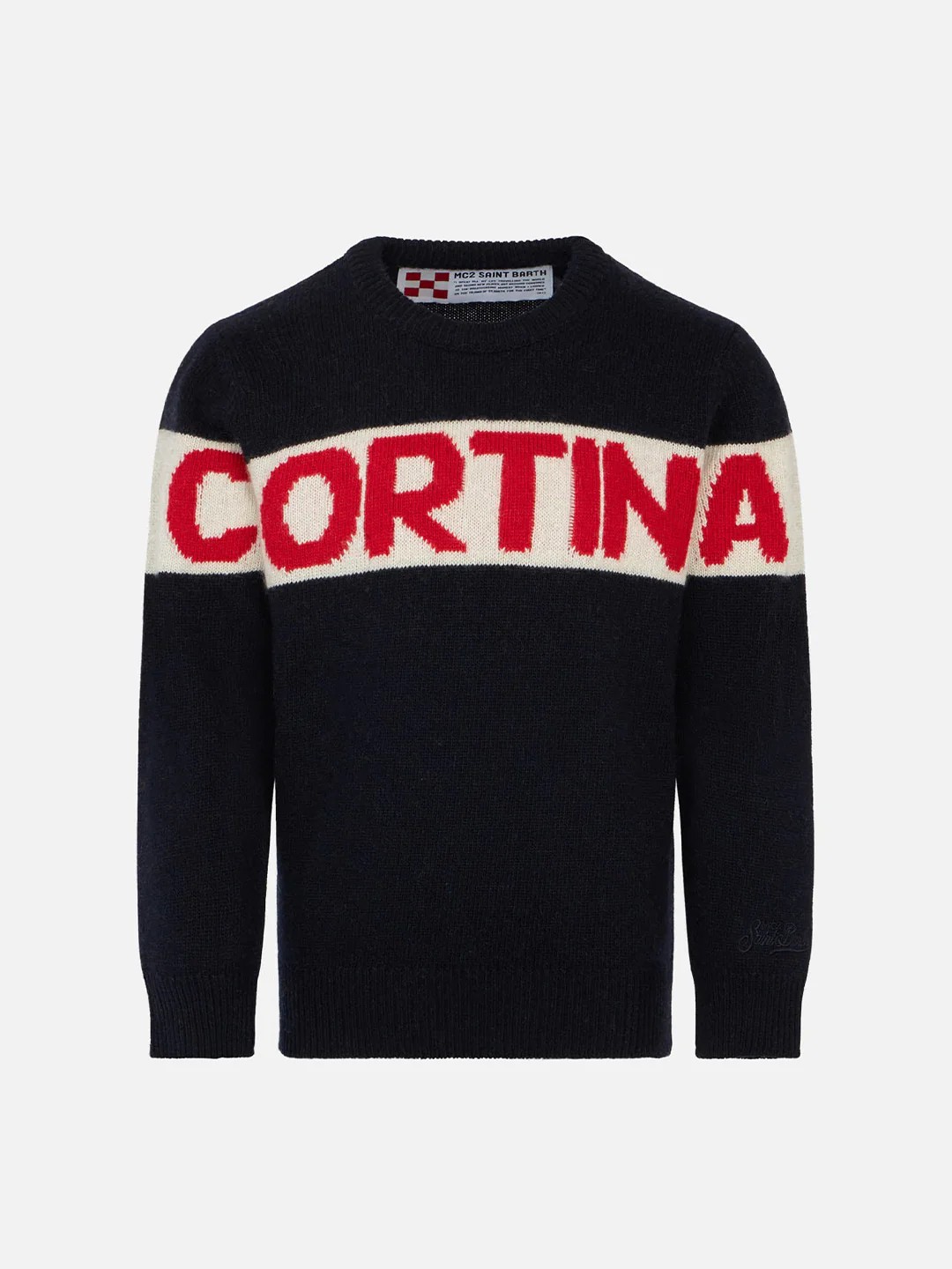 Blauwe trui voor kinderen met rode Cortina-opdruk.