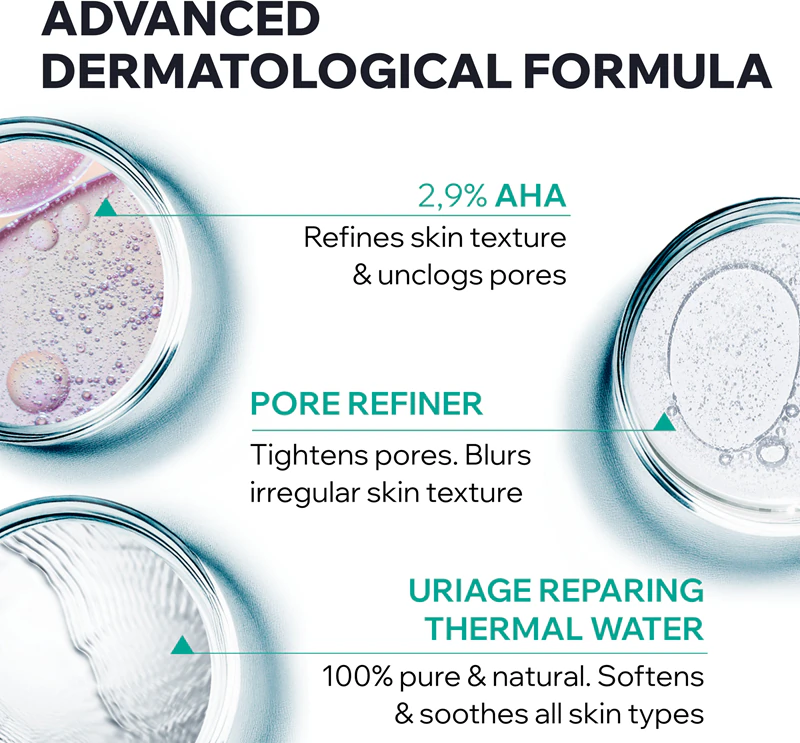 tônico esfoliante purificante Uriage Hyseac regula a oleosidade e minimiza os poros com AHA.