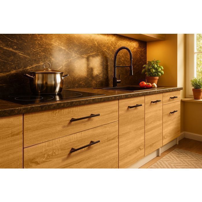 Cocina completa VIKI de madera de roble, 300 cm, con columna de horno, 9 módulos, 18 mm de espesor.