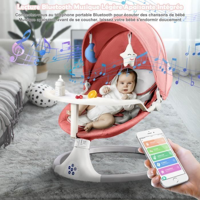 Balancelle Bébé Électrique 3 en 1 avec Télécommande,Table à manger, Transat bébé 5 Modes de balancement,Minuterie Bluetooth - Rose