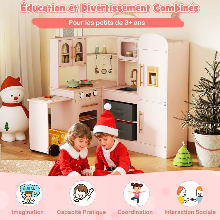 Cocina interactiva de madera para niños COSTWAY XXL - Para mayores de 3 años con bandeja retráctil, luces y sonidos, 16 accesorios, color rosa.