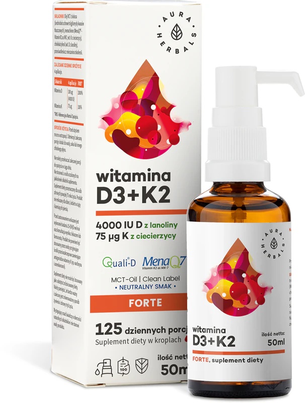 Aura Herbals Vitamin D3 4000 IU + K2, MCT prehransko dopolnilo v kapljicah za podporo imunskemu sistemu
