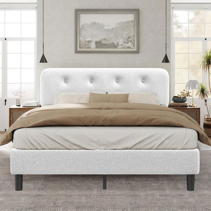 160x200 cm Bed Frame, Metal Slatted Base for Adults, Headboard and Upholstery, Easy Assembly, Sturdy Bed Structure