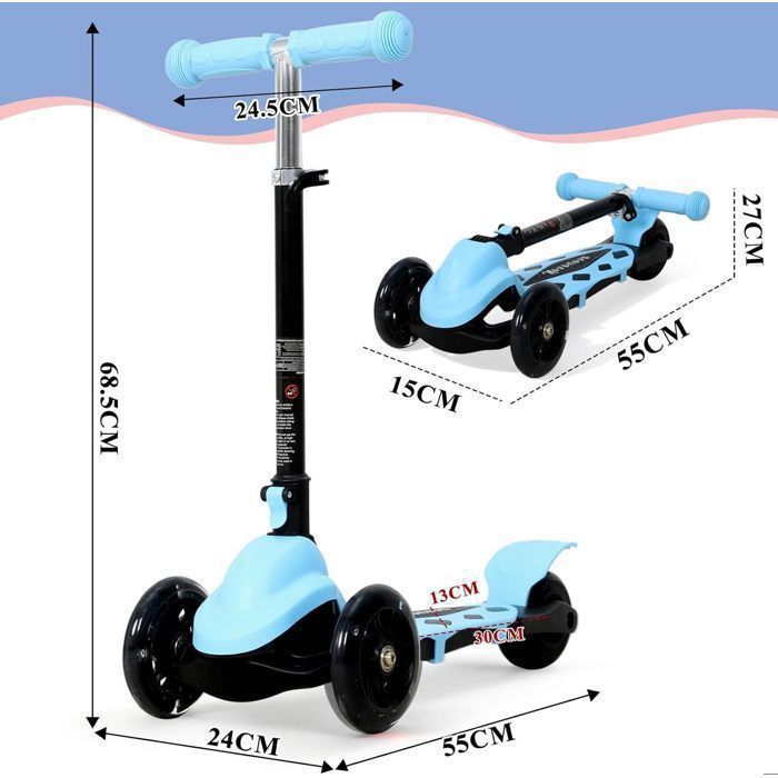 Monopattino pieghevole con 3 ruote illuminate a LED per bambini dai 2 ai 5 anni, manubrio regolabile in altezza su 3 posizioni, colore blu.