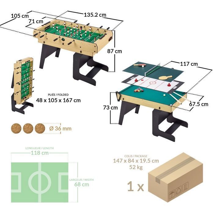 Tavolo da gioco pieghevole multi-gioco 4 in 1 KANGUI per ragazzi: calcio balilla, biliardo, ping pong, hockey.