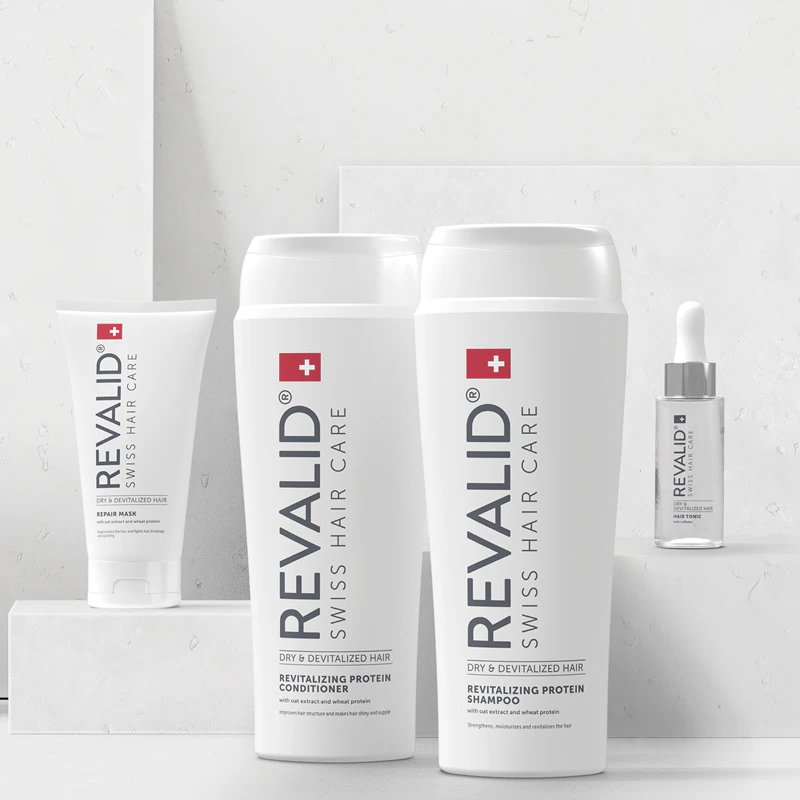 Revalid Hair Tonic, um tônico energizante com cafeína para estimular o crescimento capilar.
