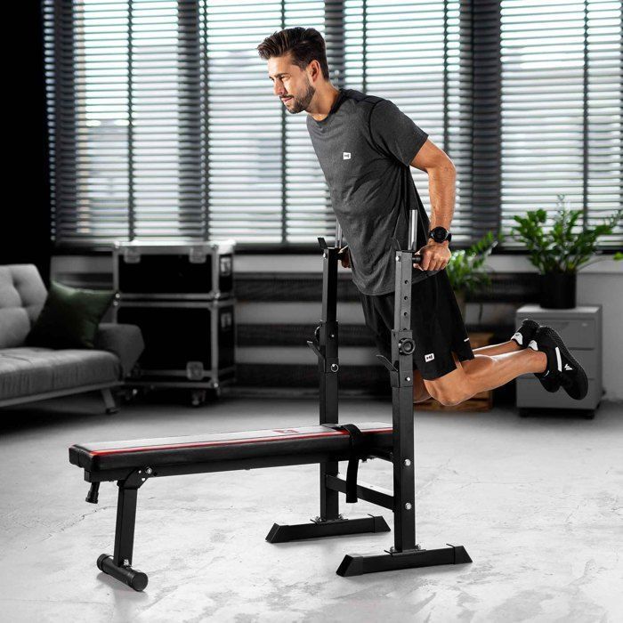 Hop-Sport HS-1080 Platte opklapbare halterbank met halterrek, multifunctionele trainingsbank, verstelbare beensteunen