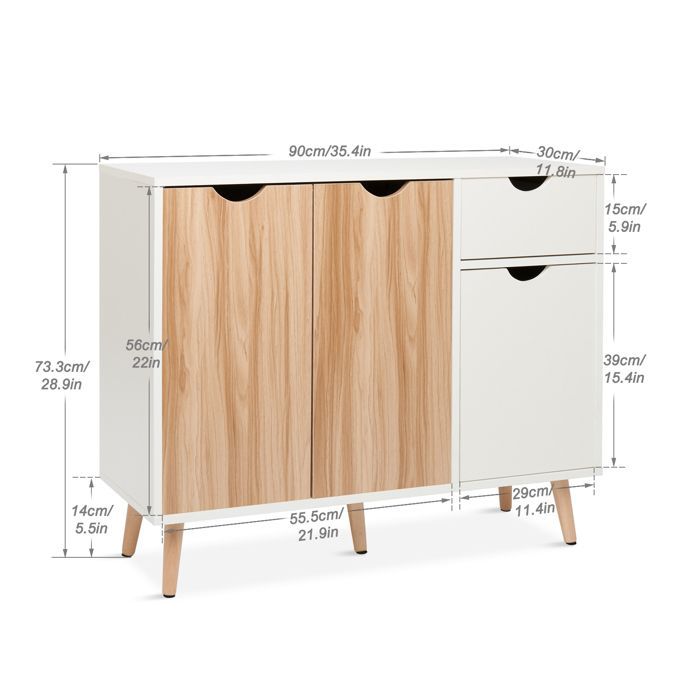 Aparador de cocina Mondeer, mueble bajo de almacenamiento con 1 cajón y 3 puertas, apto para comedor/dormitorio/sala de estar, 90x30x73 cm, roble y blanco.