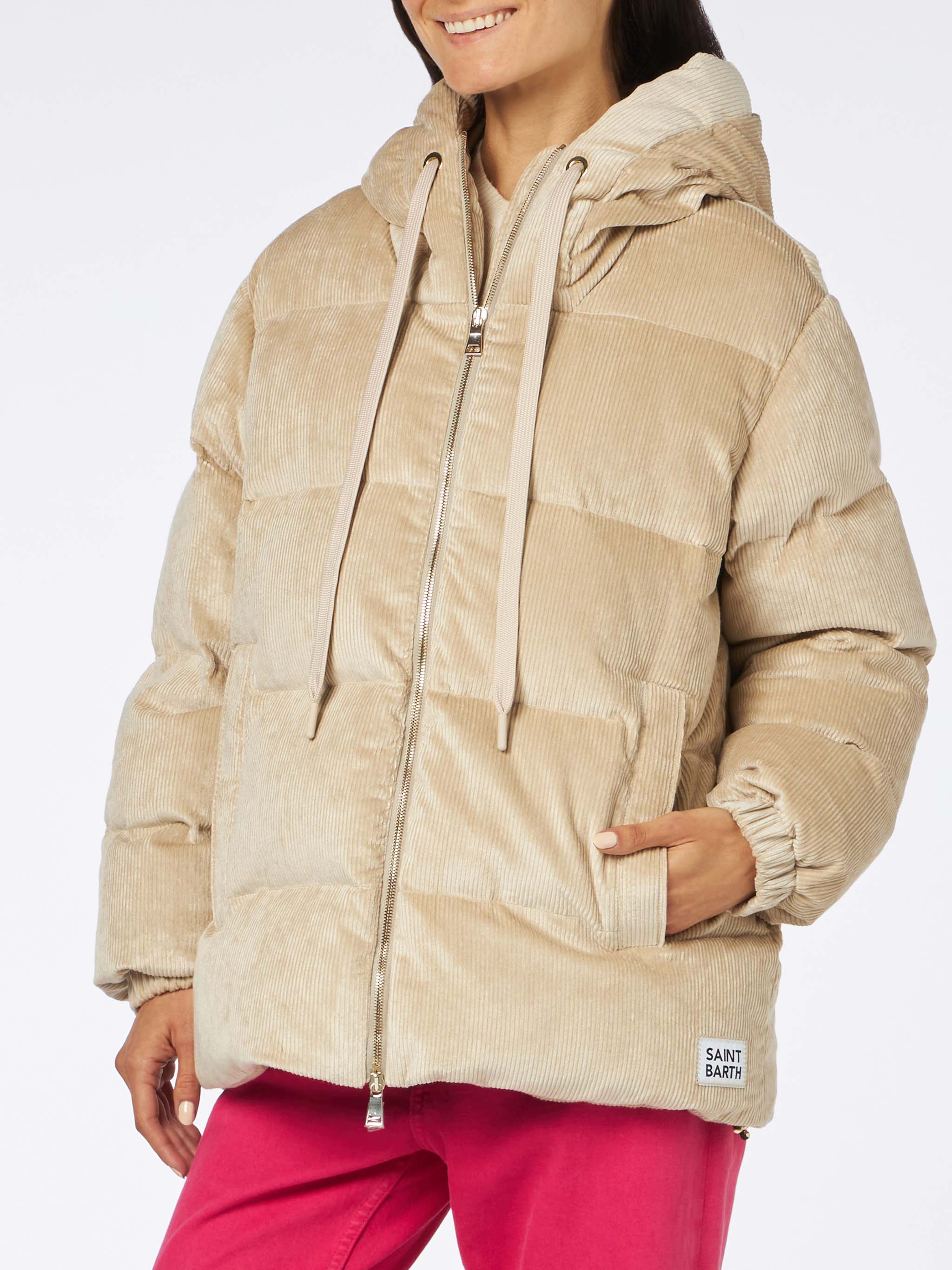 Beige corduroy gewatteerde donsjas voor dames met capuchon