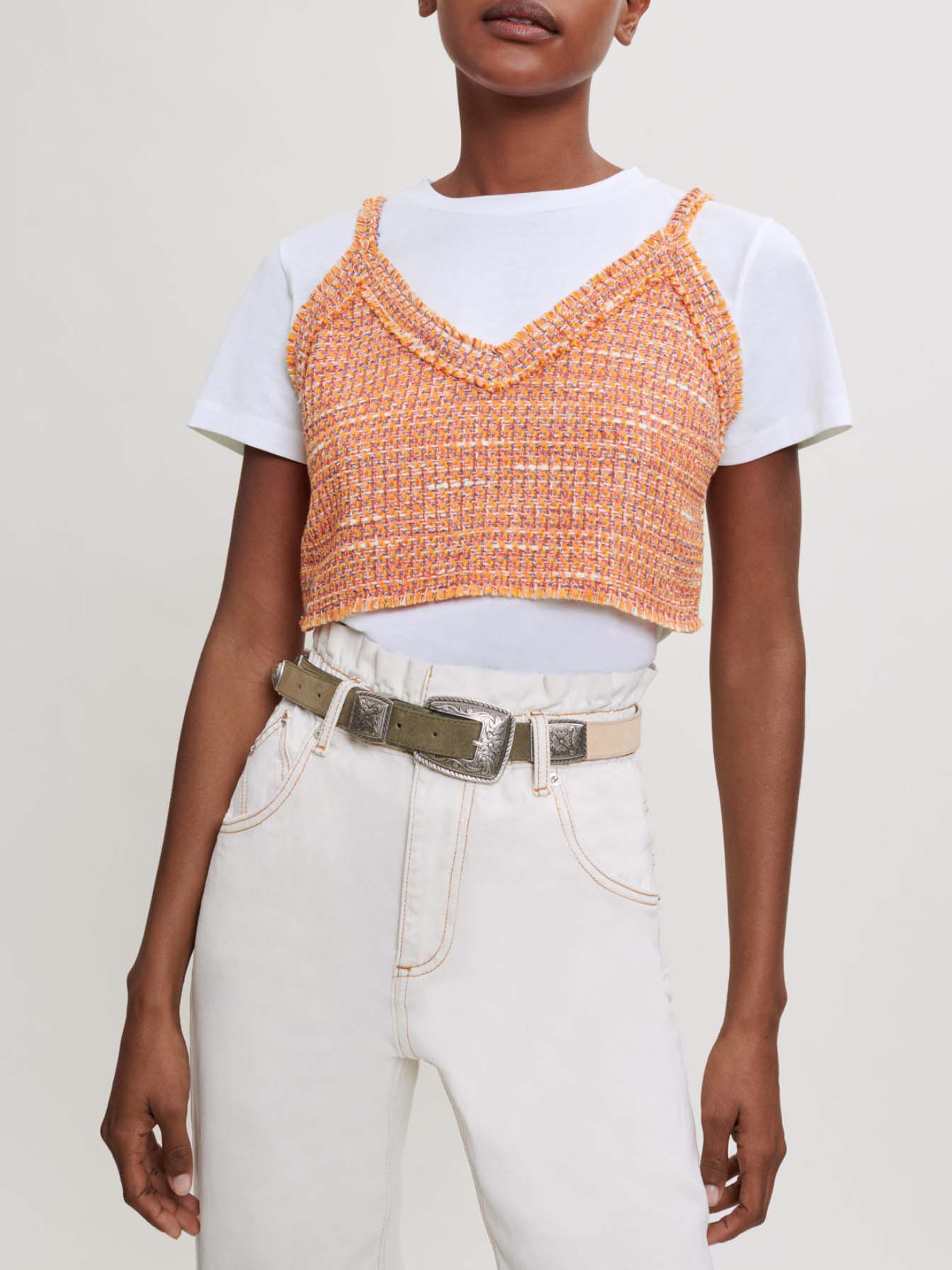 Tricou tricotat și tweed trompe l'oeil - Portocaliu