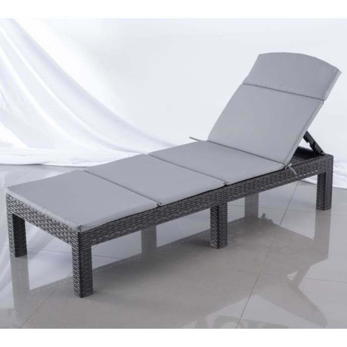 Bain de soleil - Chaise longue - Gris Sparkle - Résine imitation rotin - Dossier réglable - Confort optimal