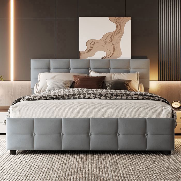 Cama de 180x200 cm con almacenamiento hidráulico y somier de láminas - Gris