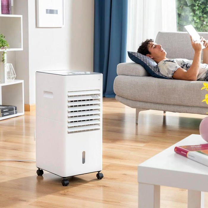 MODEZVOUS - Aire acondicionado evaporativo portátil, purificador de aire, ionizador sin aspas con luz LED de 90 W - Blanco