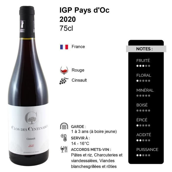 Pays d'Oc Cinsault Rouge 2020 - Lot de 3x75cl - Clos des Centenaires - Vin IGP Rouge du Languedoc - Roussillon