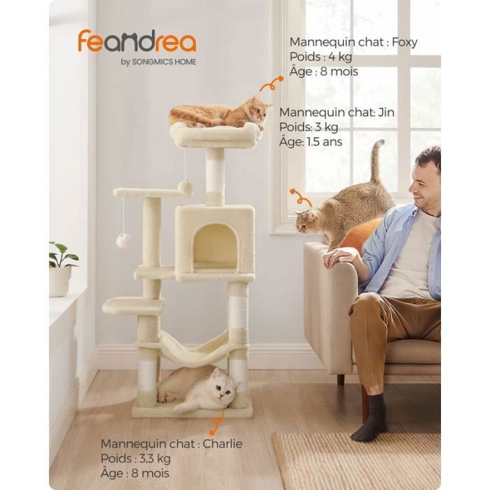 Feandrea Cat Tree, 112 cm High, with 4 Scratching Posts, 2 Platforms, 1 Cave, 1 Hammock, 2 Pom-poms, Multi-Level, Beige
