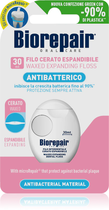 Fio dental Biorepair encerado e expansível para gengivas sensíveis.