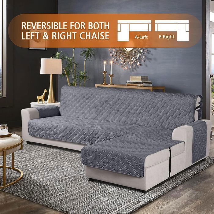 100% Waterproof Reversible Corner Sofa Cover, 200cm Length, Grey, Stain and Scratch Resistant, Secure Fastening