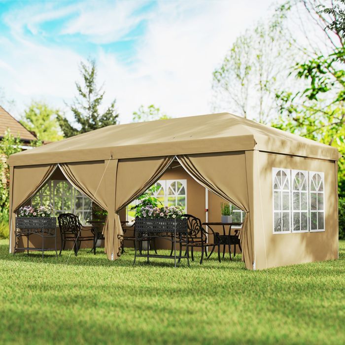 Opvouwbaar partytent - Outsunny - 4 afneembare zijpanelen en 4 ramen - inclusief draagtas - 6 x 3 x 2,7 m - kaki