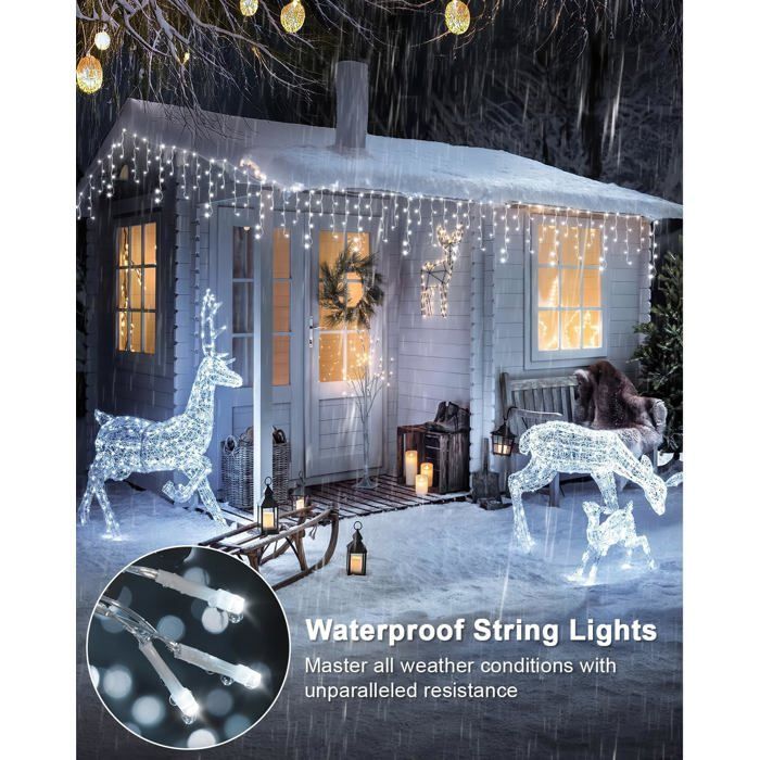 Guirnalda de luces solares para exteriores, 9+2 m, 162 LED, luces tipo cortina para exteriores con 8 modos y temporizador, resistente al agua IP65, decoración navideña.