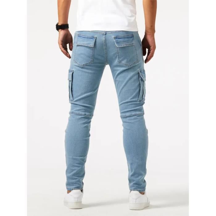 Pantalones vaqueros cargo para hombre - INSFITY - Corte ajustado - Multibolsillos - Azul claro