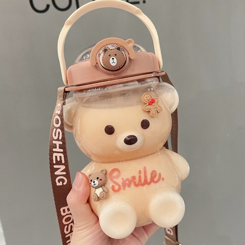 1000/1400 ml Kawaii-Wasserflasche, Reise-Wasserkocher in Bärenform, Sport-Trinkbecher, Mädchen-Outdoor-Flasche, große Kapazität, mit Strohhalm