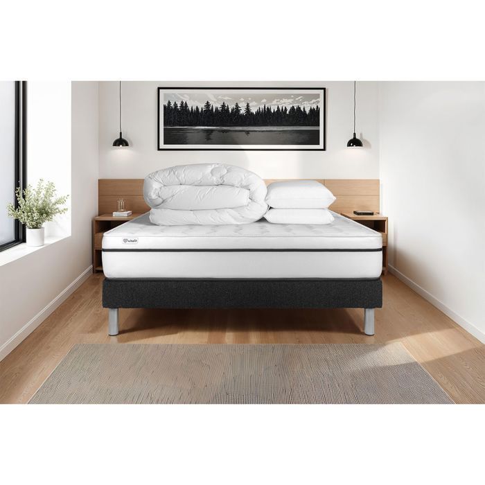 Juego de cama completo de 180x200 cm - Colchón + Base de cama negra (requiere montaje) + 2 almohadas + Edredón - Vital Spa Negro
