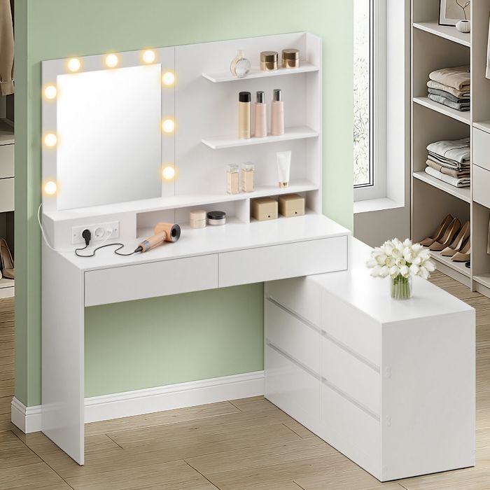 Coiffeuse en Ligne ou en L, Miroir LED 9 Ampoules, avec Multiprise, 8 Tiroirs, Blanc