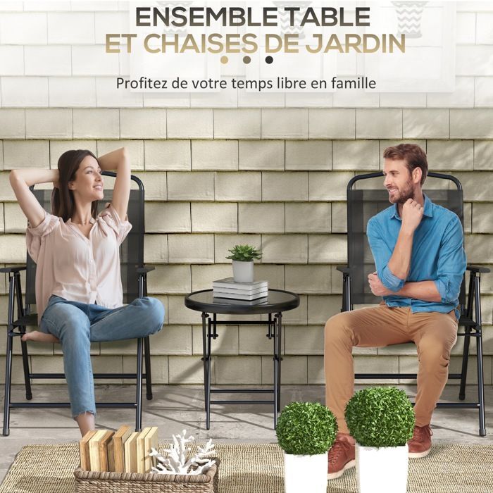 Conjunto de bistró de jardín de 3 piezas: 2 sillas + mesa de centro redonda con tablero de vidrio templado, plegable, estructura metálica con revestimiento epoxi y tablero de malla.
