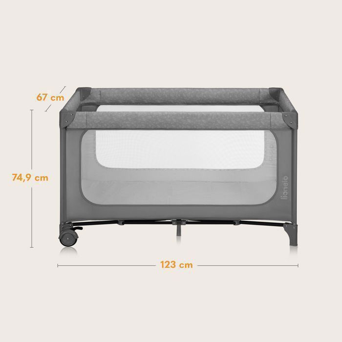 Cuna de viaje 2 en 1 LIONELO Jasmin - Parque infantil - Colchón de espuma T25 - Plegado rápido - 2 ruedas - Hasta 15 kg - Gris