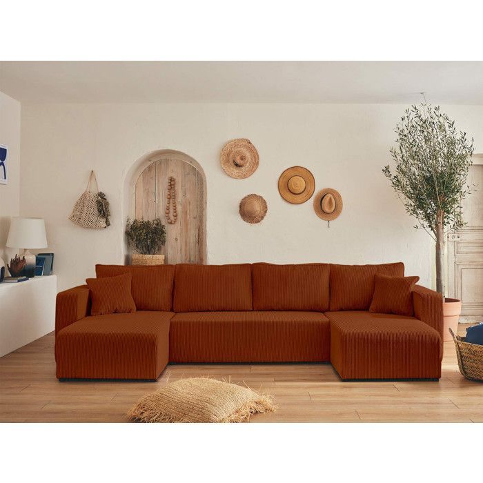 Topaze - U-shaped panoramic sofa - 7 seats - convertible with storage - in corduroy - Terracotta