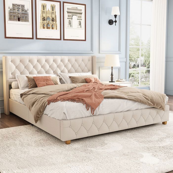 Doppelbett für Erwachsene – TKOPY – Polsterbett 140 x 190 cm, mit Lattenrost, beigefarbenes Leinen