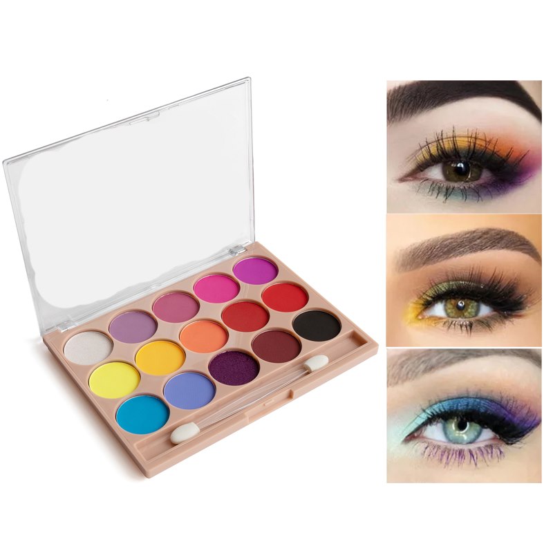 Paleta de 15 sombras de ojos: acabados mate, brillante y con purpurina; tonos tierra, resistente al agua y de larga duración