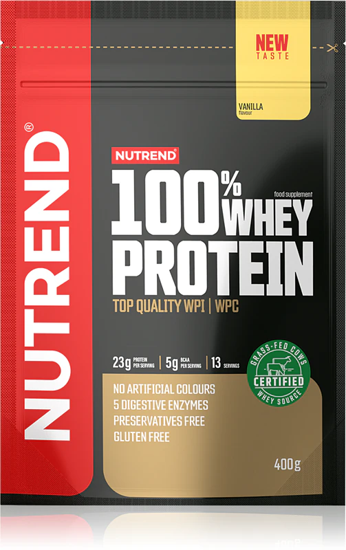 Suplemento alimentar Nutrend 100% Whey Protein, proteína de soro de leite.