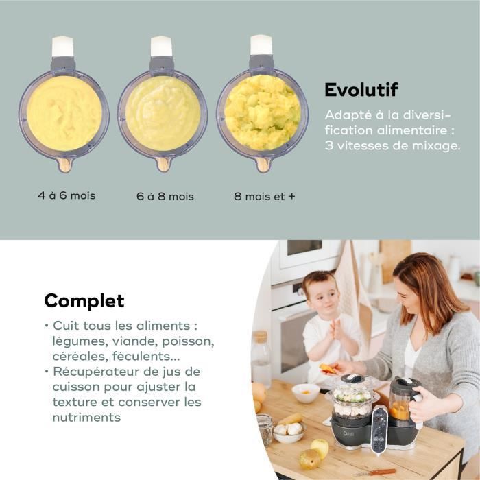Babymoov Nutribaby(+) Robot da cucina per alimenti per neonati - 6 in 1 - Vaporiera/Frullatore - Grande capacità 2,2 litri, Grigio