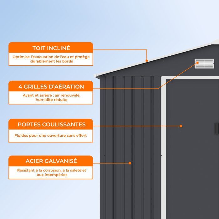7,06 m² Metalen tuinschuur - 277 x 255 x 202 cm - MERCURE - Inclusief verankeringsset, 2 schuifdeuren - Grijs