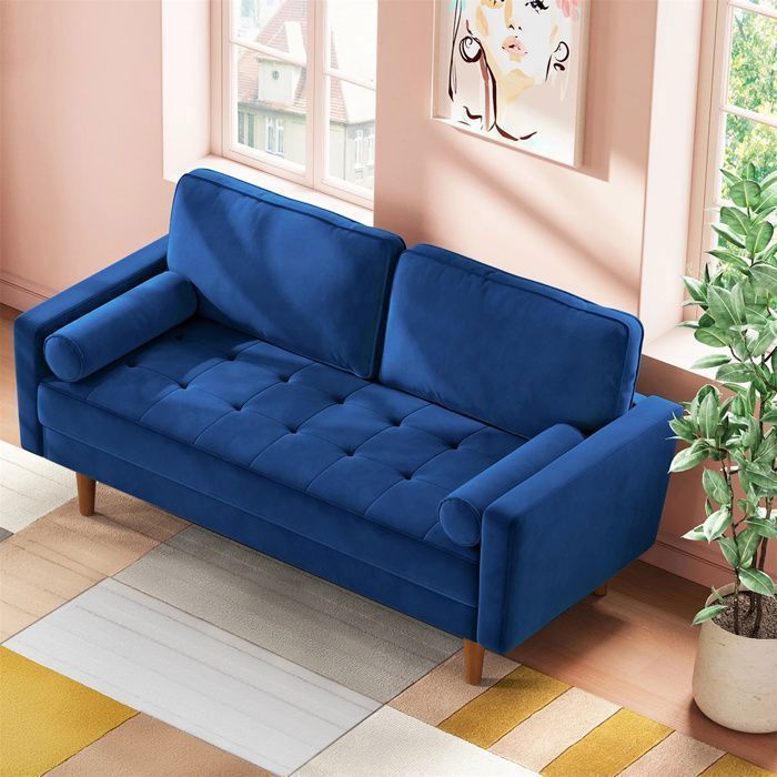 Canapé 2 Places en Velours Bleu 148 x 78 x 85 cm,Canapé Scandinave avec 2 coussins pour le salon,Fauteuil Capitonné,Pieds en bois