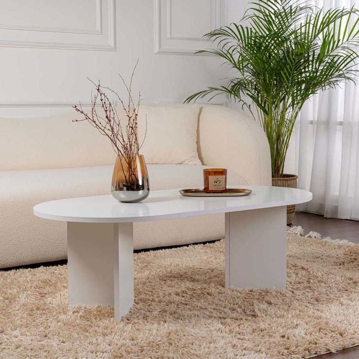 Tavolino ovale in truciolato bianco, lungo 119 cm - IRIS