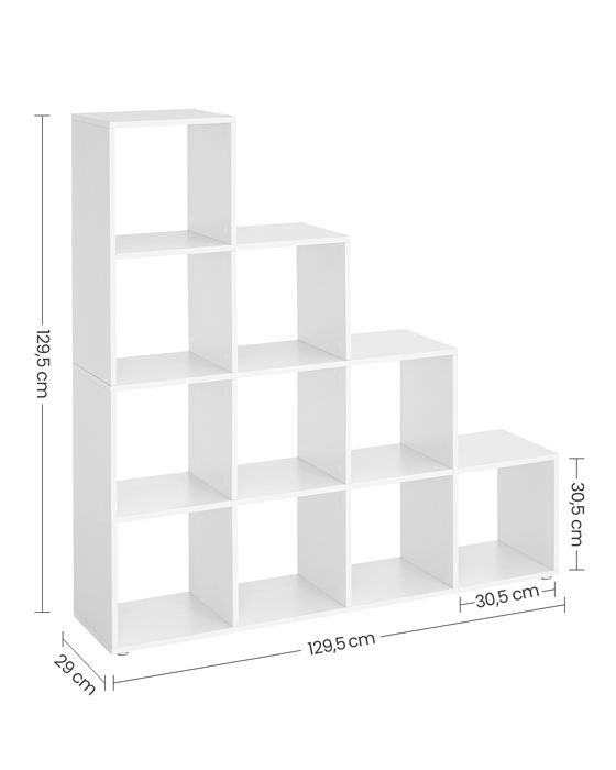 VASAGLE 10-Compartment Bookshelf, Shelving Unit with Open Shelves, Storage Cabinet, 29 x 129.5 x 129.5 cm, White