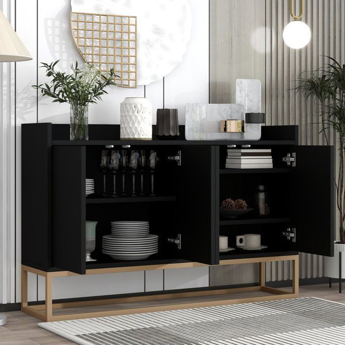 Buffetkast met 4 deuren, verstelbare planken, laag dressoir, gouden metalen poten, modern dressoir, 120x30x80 cm, zwart, voor woonkamer, keuken