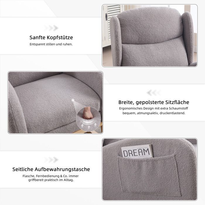 Mecedora moderna, silla de lactancia con reposapiés y estructura de madera, tela Teddy, gris.